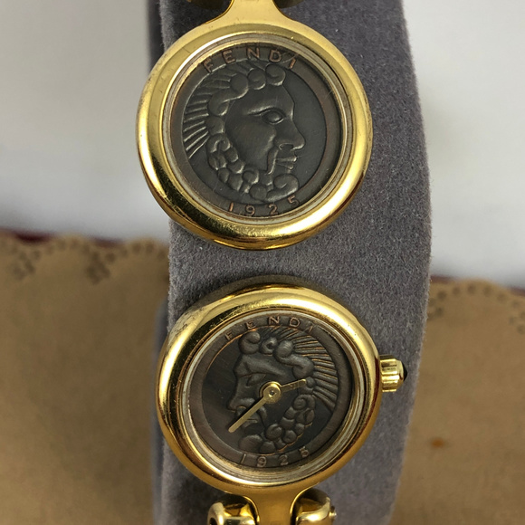 Fendi 1925 Roma Coin Watch Cuff Bracelet 18K GP
